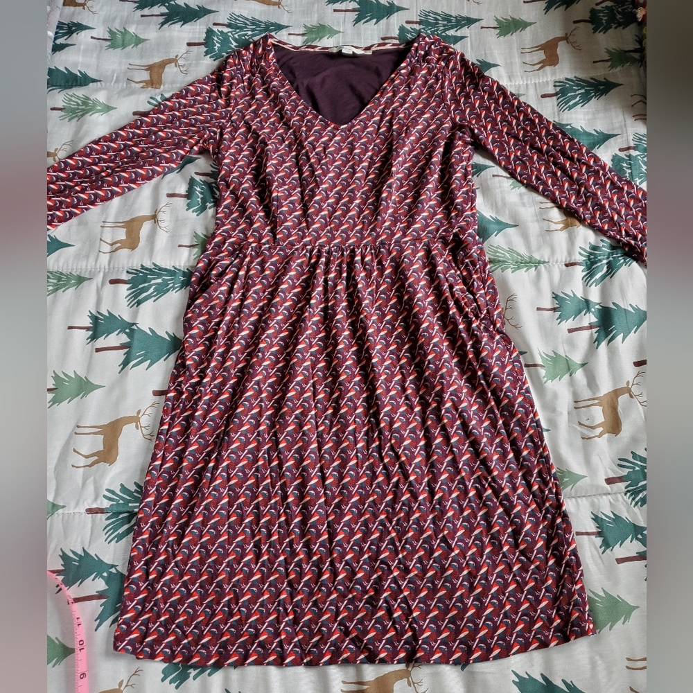 Boden Romilly Wine/Maroon Long Sleeve Dress with Bird Print Size 10R